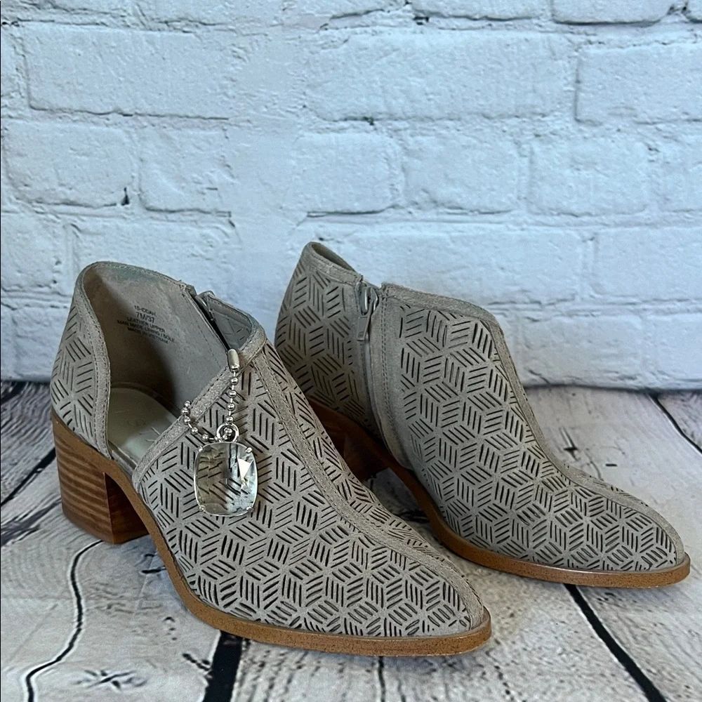 * 1.State Iddah perforated cutaway booties grey suede with a stacked block heel
